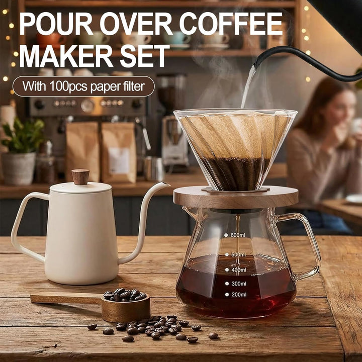 Handfilter-Kaffeebrüher, 600 ml/20 oz Karaffe aus Borosilikatglas mit Papierfiltern, Sockel aus Waln