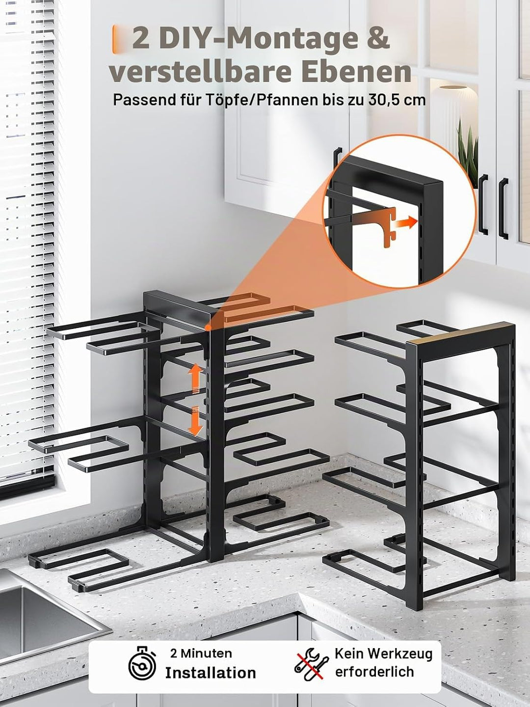 MUDEELA Topf- und Pfannen-Organizer – 8-fach verstellbar (Höhe 40 cm), robust & schwarz | Profession