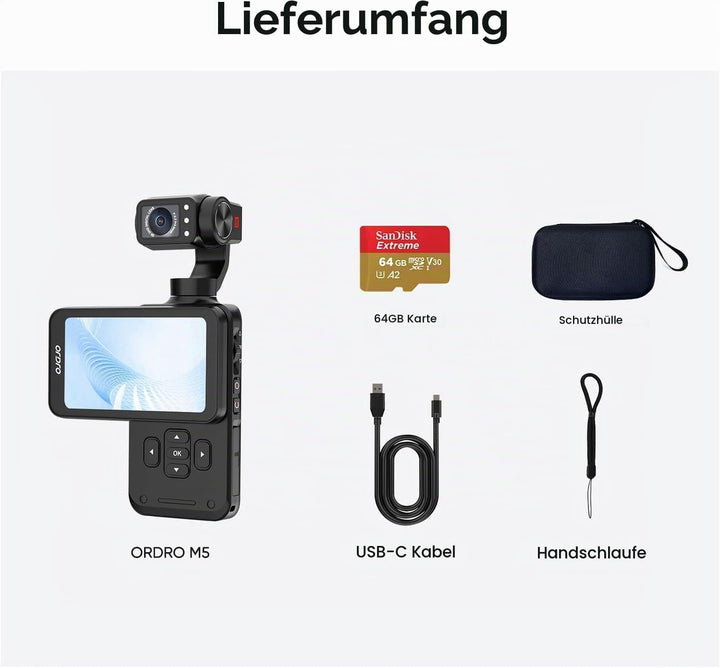ORDRO M5 3-Achsen-Stabilisierung Videokamera 5K, Vlogging-Kamera mit 3.5" Flip Bildschirm 120° Sicht