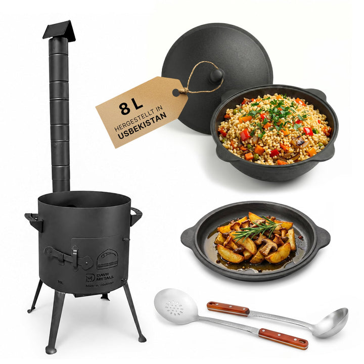 Ø36cm Uchag 2mm stahl mit Abzugsrohr Utschak Utschag Feldküche 8L Kazan WOK Kasan (Runder boden) Feu