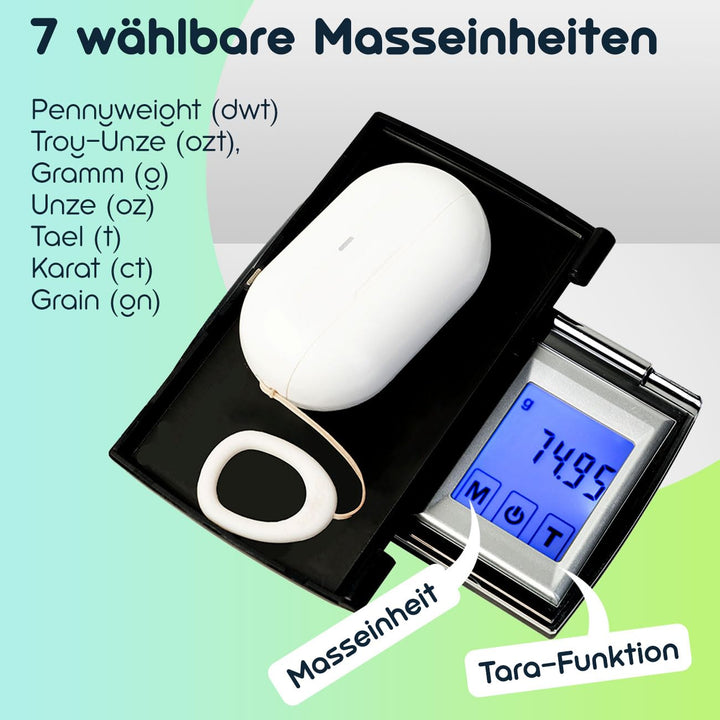 Digitale Feinwaage (500g/0.01g) mit Touch-Display – Präzise Taschenwaage mit 7 Einheiten für Schmuck