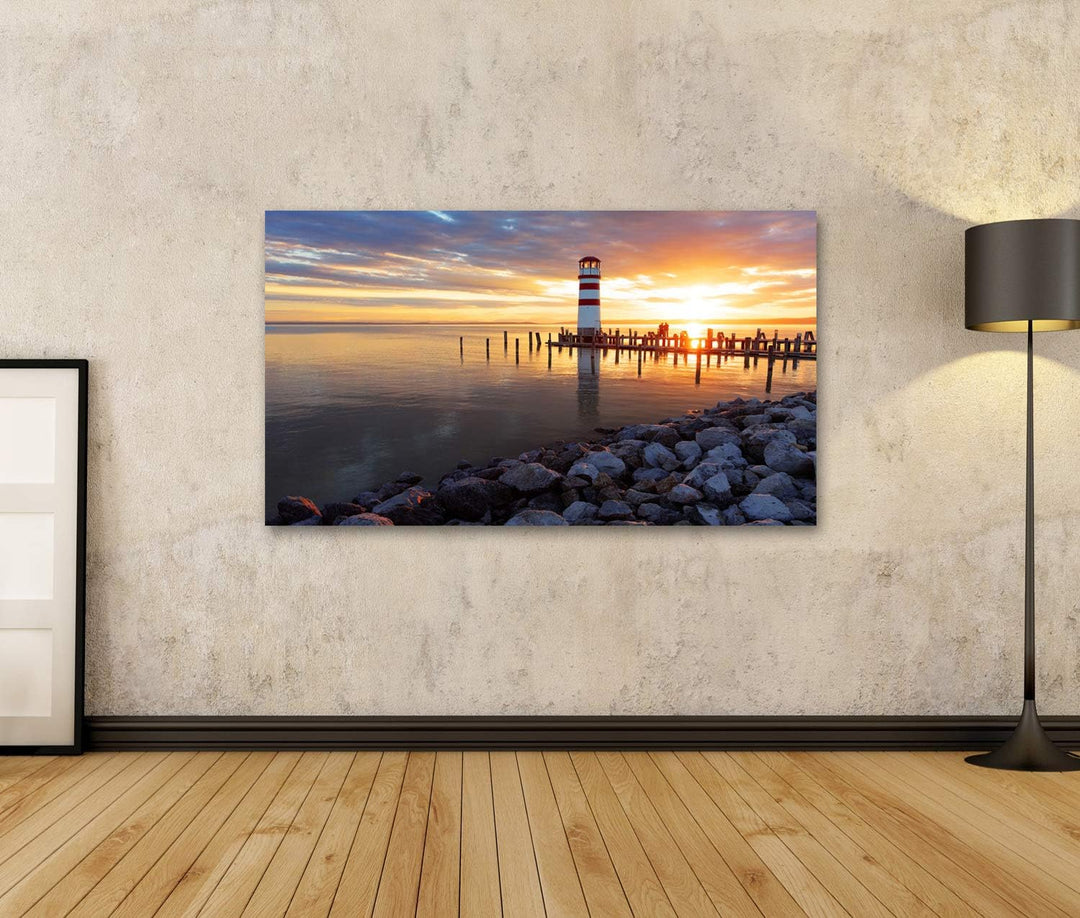Bild Bilder auf Leinwand Sonnenuntergang am Meer mit Leuchtturm Wandbild Poster Leinwandbild RDA 100