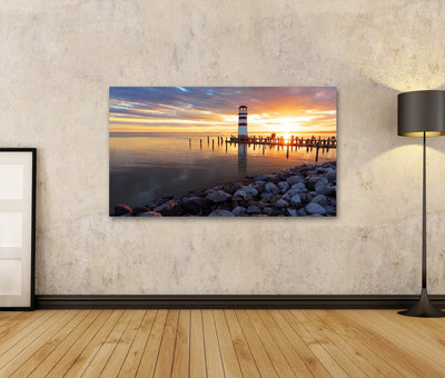 Bild Bilder auf Leinwand Sonnenuntergang am Meer mit Leuchtturm Wandbild Poster Leinwandbild RDA 100