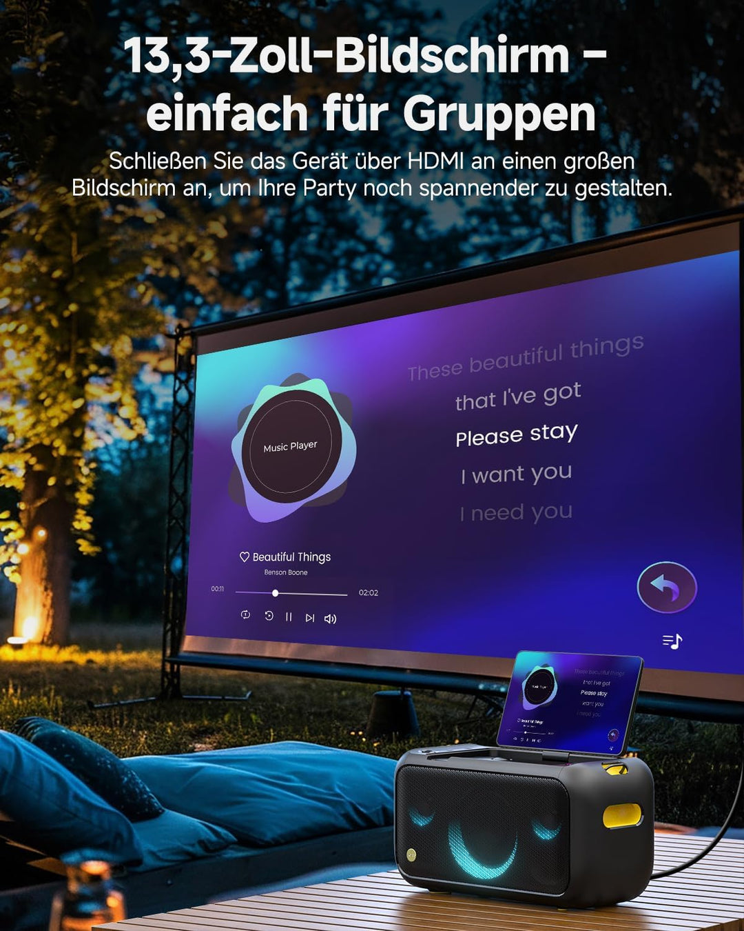 Ikarao Break X1 Karaoke Maschine mit Textanzeige 13.3 Zoll Bildschirm 2 kabellose Mikrofone versteck
