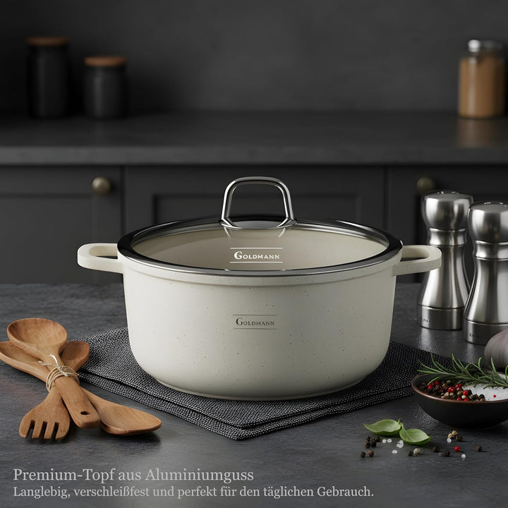 GOLDMANN Premium Gussaluminium Kochtopf 28 CM (6.5L) – Keramik-Marmor Antihaft-Kasserolle mit Glasde