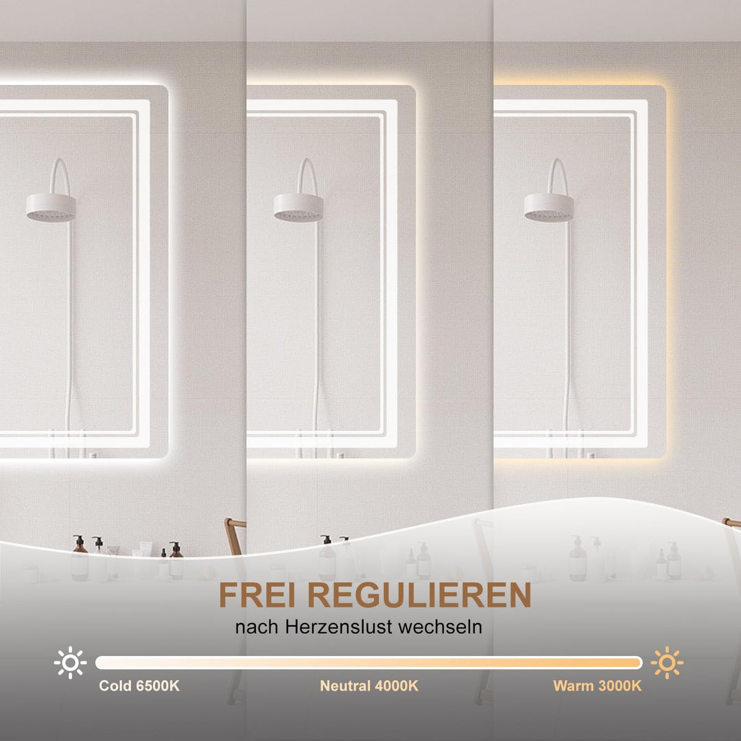 Badspiegel mit Beleuchtung 80 × 60cm, Badezimmerspiegel Beleuchtet Beschlagfrei LED Bad Spiegel mit