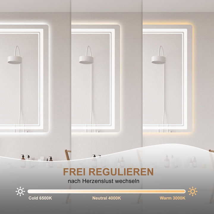 Badspiegel mit Beleuchtung 80 × 60cm, Badezimmerspiegel Beleuchtet Beschlagfrei LED Bad Spiegel mit