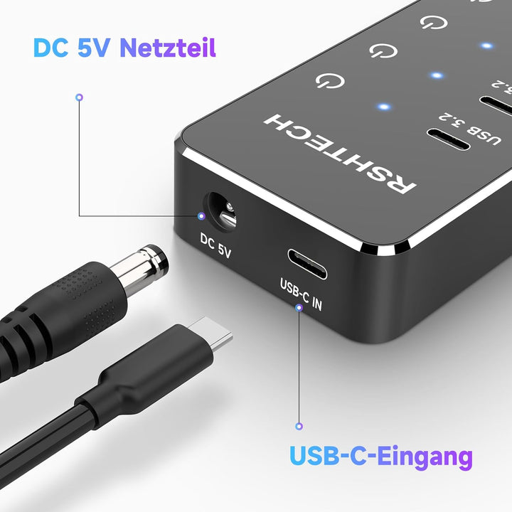 USB C 3.2 Hub Aktiv mit Netzteil, RSHTECH 7 Port USB 3.1 Gen2 Hub mit 3*10Gbps Datenports (Type-A, 2
