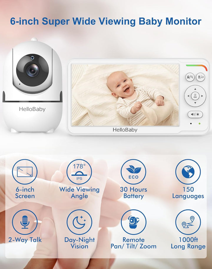HelloBaby 6" Babyphone mit Kamera ohne WLAN, 4000mAh, IPS, HB6560 | 355° Schwenk &amp; 120° Neige, Nacht