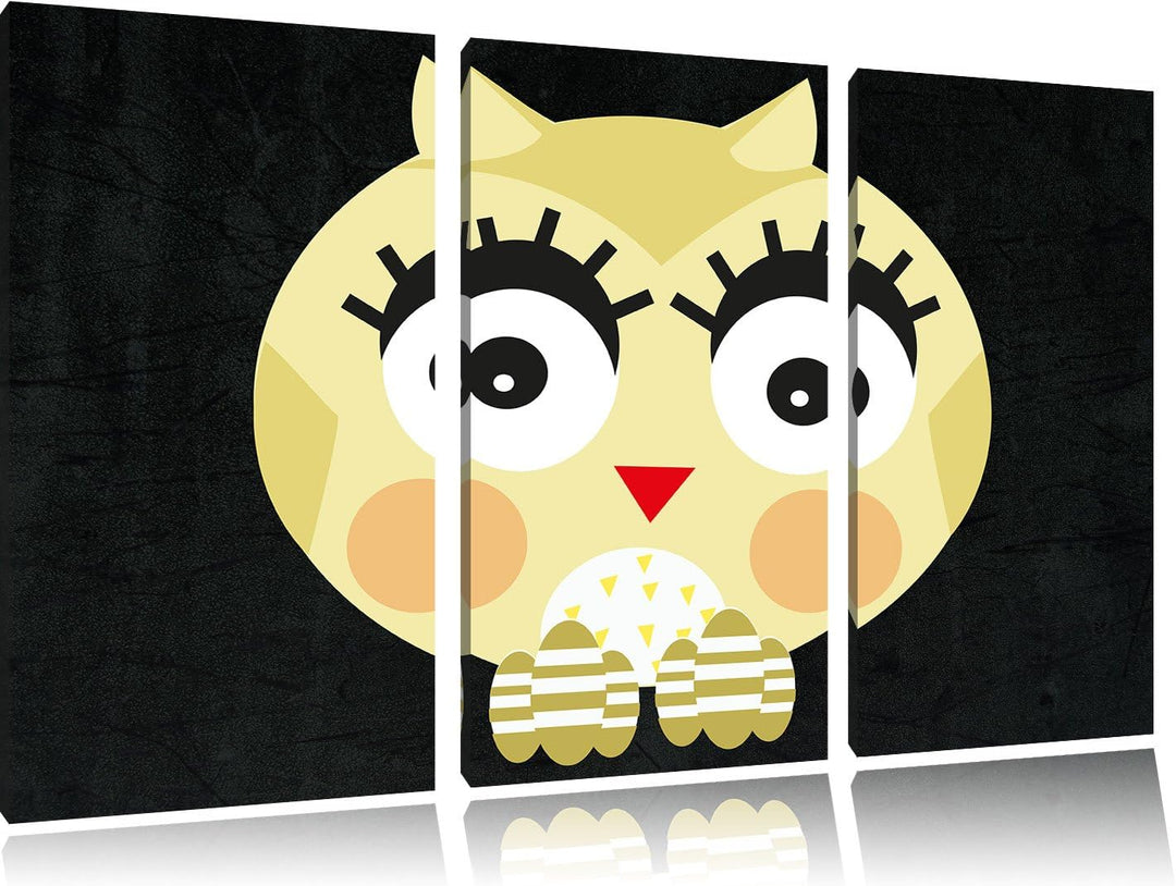 Pixxprint Hübsche gelbe überraschte Eule / 3-Teilig/Gesamtmass 120cm Leinwandbild bespannt auf Holzr