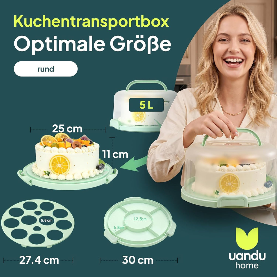 uandu Kuchen Transportbox rund, Tortentransportbox mit Deckel, Haube und Griff. Aufbewahrungsbox, Ku