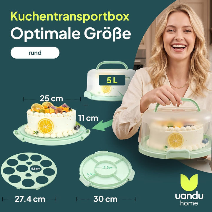 uandu Kuchen Transportbox rund, Tortentransportbox mit Deckel, Haube und Griff. Aufbewahrungsbox, Ku
