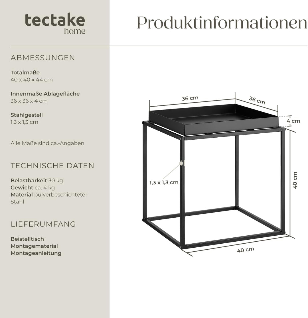 tectake 800910 Beistelltisch aus Metall, quadratisch, stapelbar, Ablagefläche mit hohem Rand, Tablet