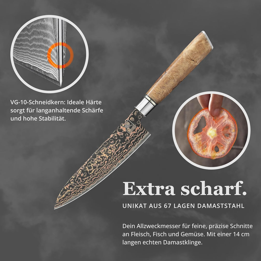 zayiko BlackMagma Damastmesser I 14 cm Klinge aus Damaststahl mit Kupfer &amp; Bronze sowie Ahornholzgri