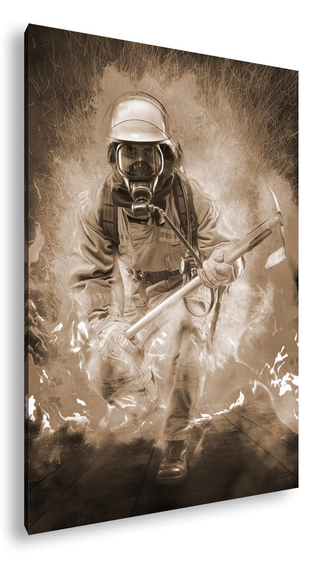 deyoli Feuerwehrmann im Einsatz Format: 80x60 Effekt: Sepia als Leinwandbild, Motiv fertig gerahmt a