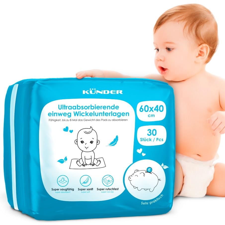 30x Baby Wickelunterlage Einweg 60x40 cm - Ultra-saugfähige Inkontinenzunterlagen, 6-lagige Betteinl