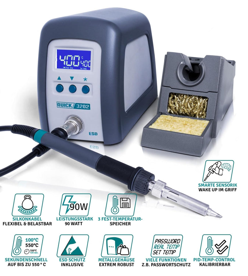 QUICK Digital Regelbare ESD Lötstation 90 Watt inkl. Lötkolben mit 1 mm Lötspitze und Zubehör - 100°