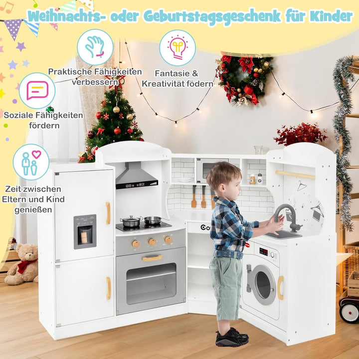 COSTWAY Eck Spielküche, Kinderküche mit Licht & Sound, Kinderspielküche mit Spüle, Eismaschine, Back