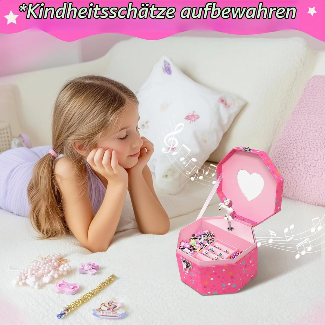 GINMLYDA Einhorn Schmuckkästchen für Mädchen, Kinderspieluhr mit Drehendem Einhorn &amp; Spiegel Kinder
