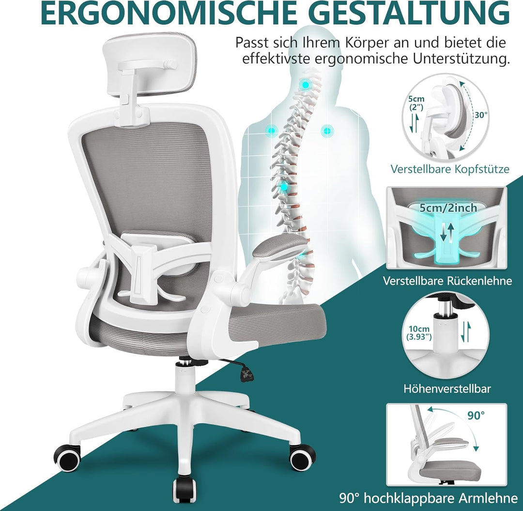 FelixKing Bürostuhl Ergonomischer schreibtischstuhl, bürostühle mit Verstellbarer Kopfstütze, Armleh