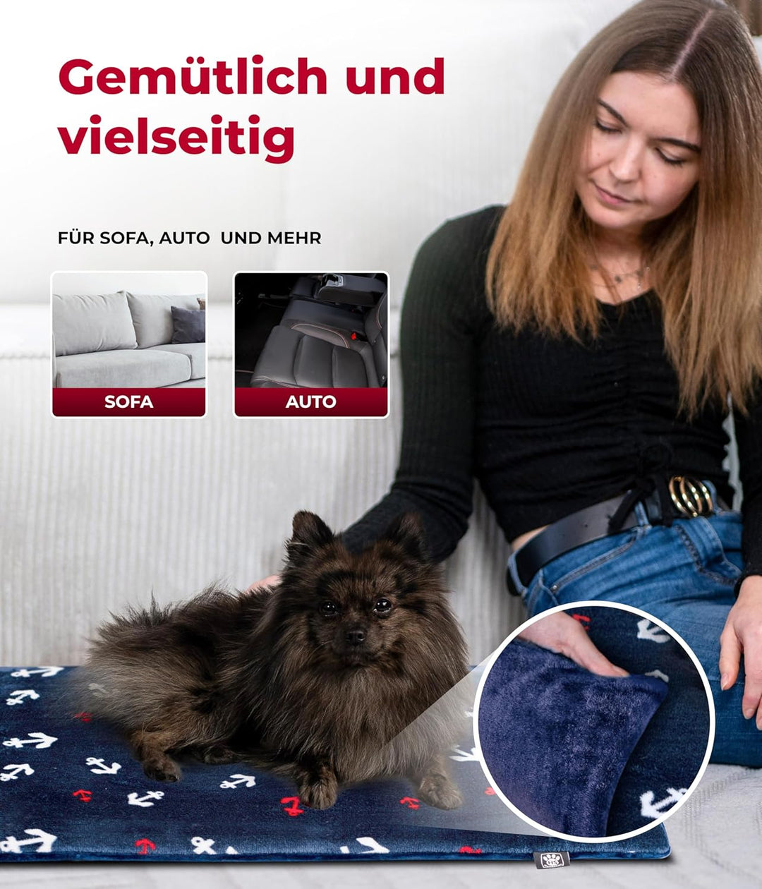 HS-Hundebett® Hundedecke S (55x75 cm) – Wendbar & gemütlich Dank 3 cm Füllung – Perfekt fürs Sofa, A