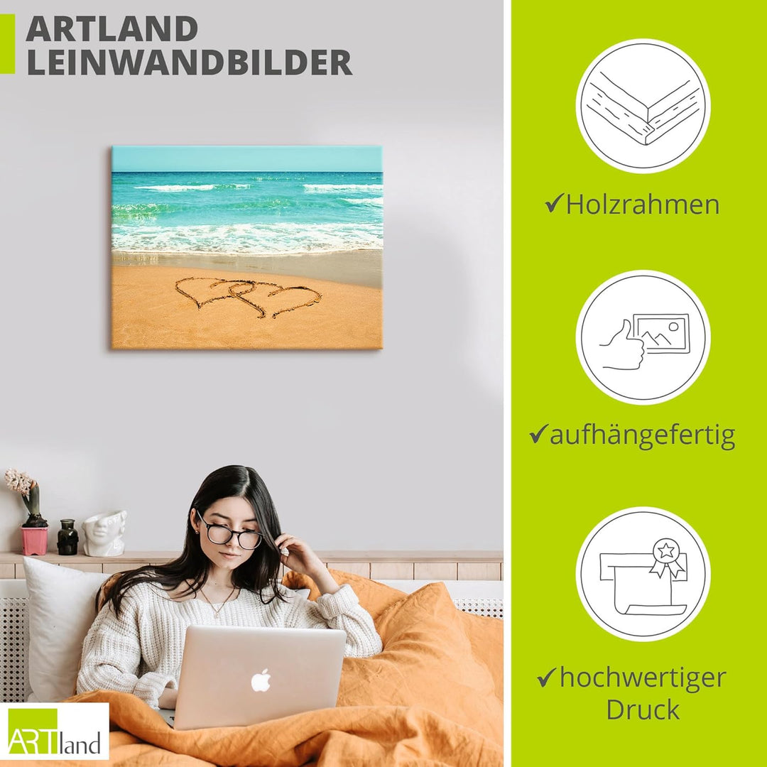 ARTland Leinwandbilder Wandbild Bild auf Leinwand 80x60 cm Landschaften Strand T5OB Herzen im Sand 8