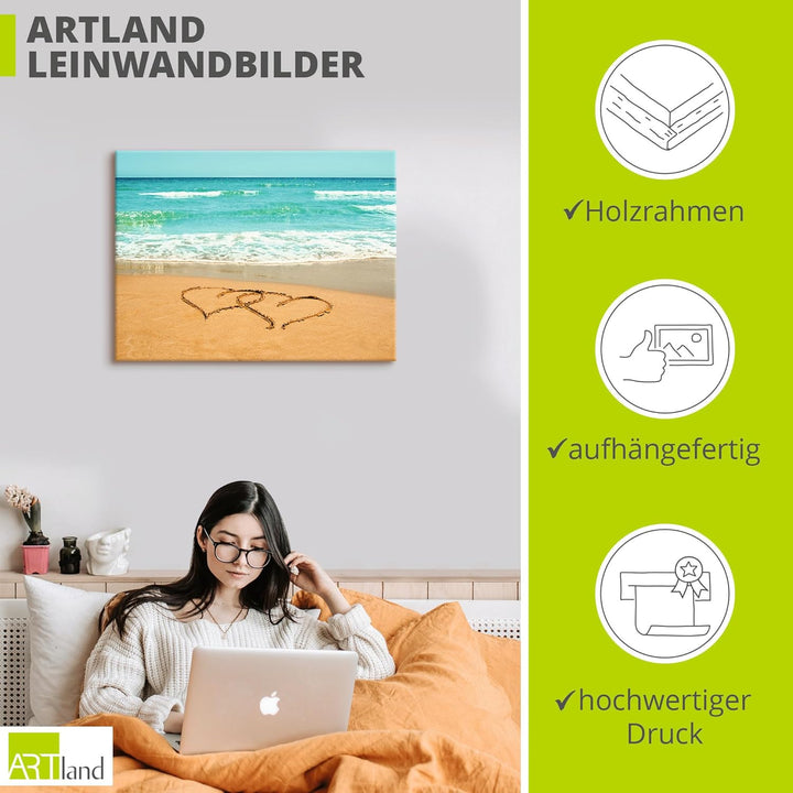 ARTland Leinwandbilder Wandbild Bild auf Leinwand 80x60 cm Landschaften Strand T5OB Herzen im Sand 8