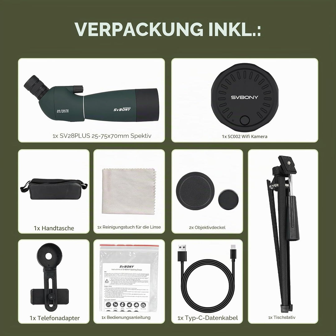 Svbony SV28PLUS Upgrade 25-75x70 mm Spektiv, mit SC002 WiFi Kamera, BAK4 A5 Weinrotes FMC Objektiv,