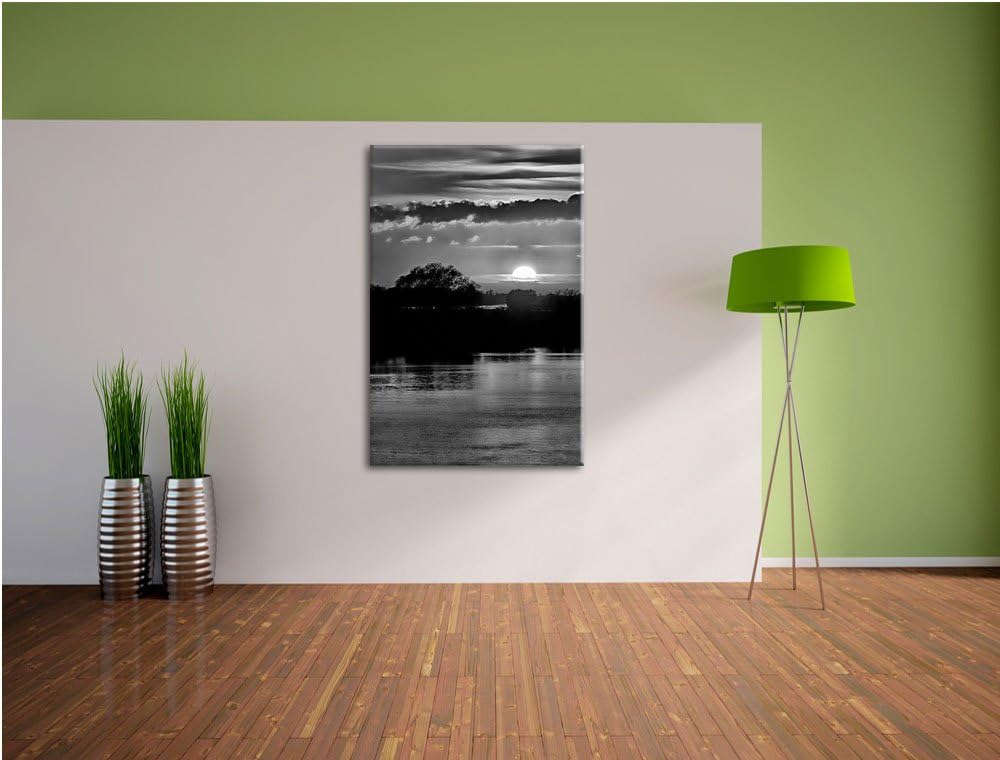 Pixxprint Monocrome, romantischer Sonnenuntergang über Fluss, Format: 100x70 auf Leinwand, 100x70