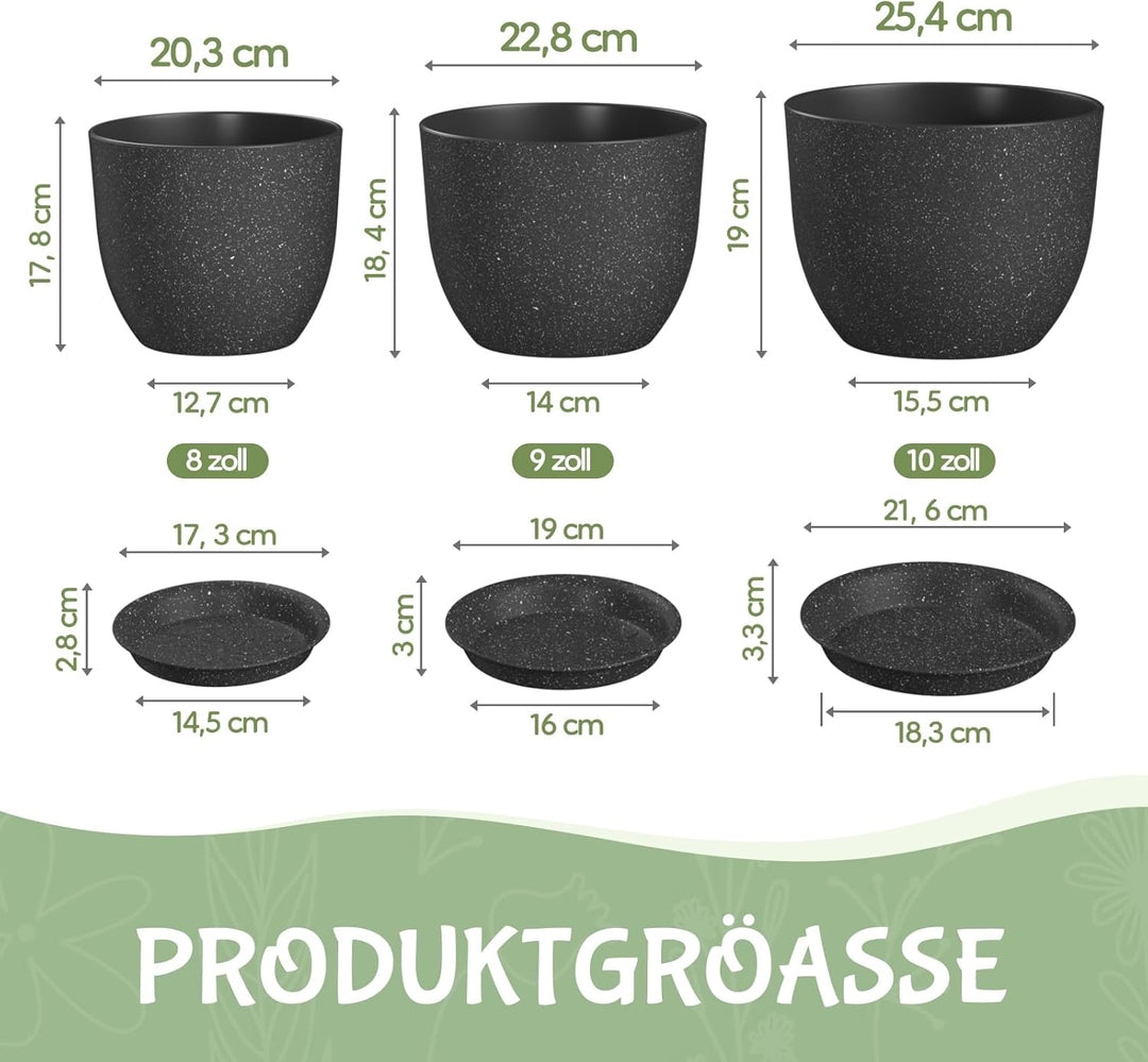 3er-Set 25/23/20 cm Blumentopfe mit Untersetzern und Abflusslöchern, Kunststoff-Pflanzentöpfe für In