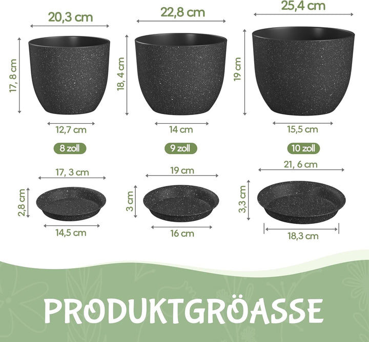 3er-Set 25/23/20 cm Blumentopfe mit Untersetzern und Abflusslöchern, Kunststoff-Pflanzentöpfe für In