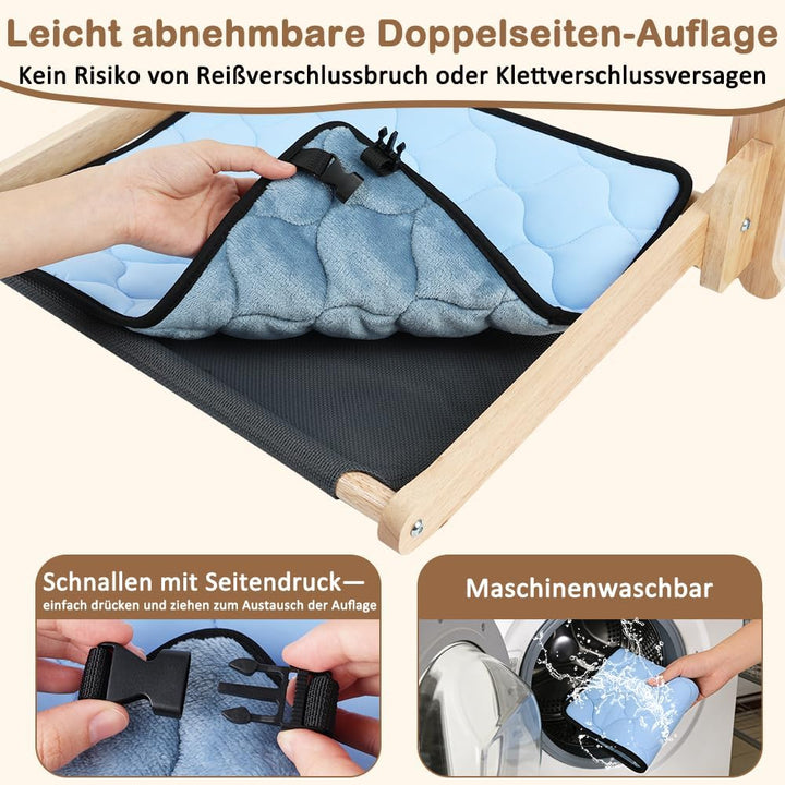 SZEE Katzen Fensterliege Massivholz mit Doppelseiten-Kissen (Ice Silk + Flanell), Katzen Hängematte