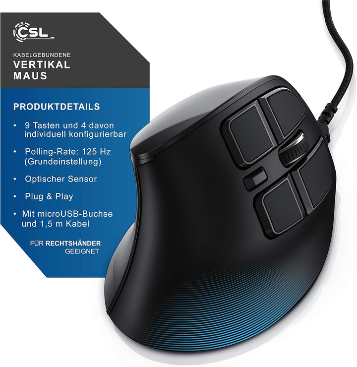 CSL - Gaming vertikale Maus mit OLED Display 2400 DPI - programmierbare Tasten - Office Mouse – mit