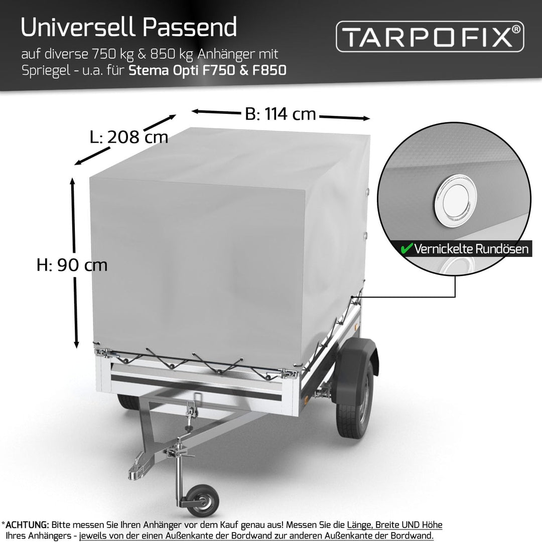 Tarpofix® Anhängerplane 208x114x90 cm inkl. Planenseil | Anhänger Plane Hochplane aus PVC PLANENMATE
