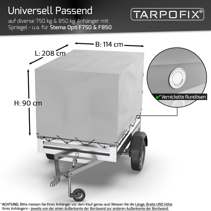 Tarpofix® Anhängerplane 208x114x90 cm inkl. Planenseil | Anhänger Plane Hochplane aus PVC PLANENMATE