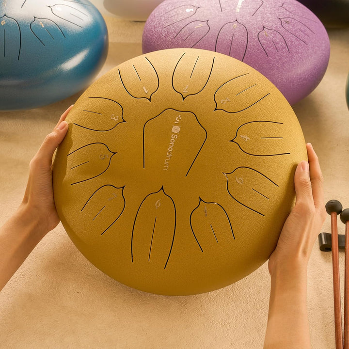 Sonodrum Zungentrommel "Standard 30cm D-Dur" in Gold - Tongue Drum inkl. Schlägel, gratis Liederbuch
