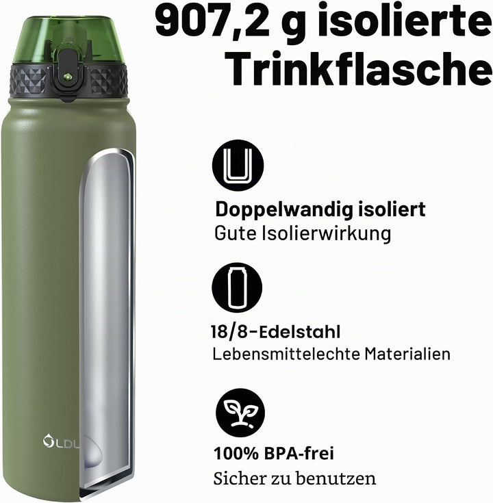 OLDLEY Edelstahl Trinkflasche mit Strohhalm 1L Isolierte flasche mit 3 Deckel Grosse Thermosflasche