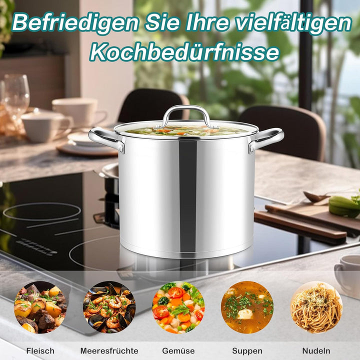 Joyfair Kochtopf, 11,4 Liter Edelstahl Gross Topf Induktion mit Glasdeckel, 3 Lagen Stabiler Boden S