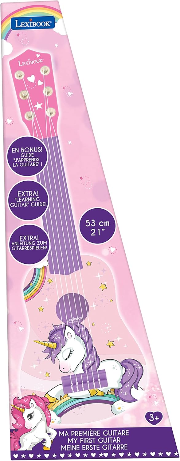 Lexibook erste Gitarre Einhorn für Kinder, 6 Nylonsaiten, 53 cm, Anleitung inklusive, Rosa/Blau, K20