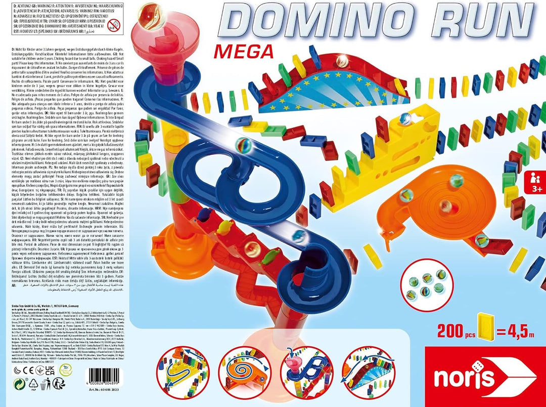 Noris 606062023 Domino Run Mega - Set mit 200 Steinen, Murmeln, Kugelbahn und weiterem Zubehör, ab 3