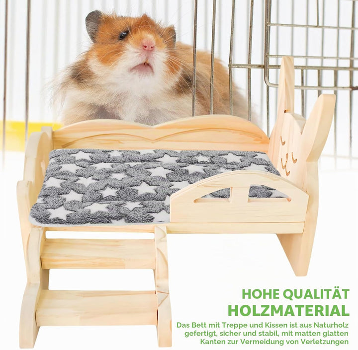 BORDEAG Holz Meerschweinchen Bett Mit Treppe Und Matte,34 * 22 * 18 cm Meerschweinchenbett Aus Holz,