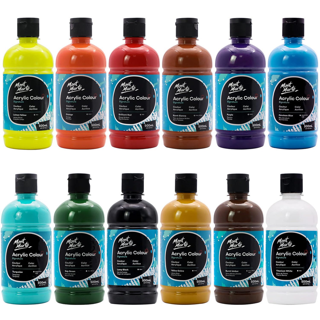 Mont Marte Signature Acrylfarben-Set, 500 ml, halbmattes Finish, 12 leuchtende Farben, geeignet für
