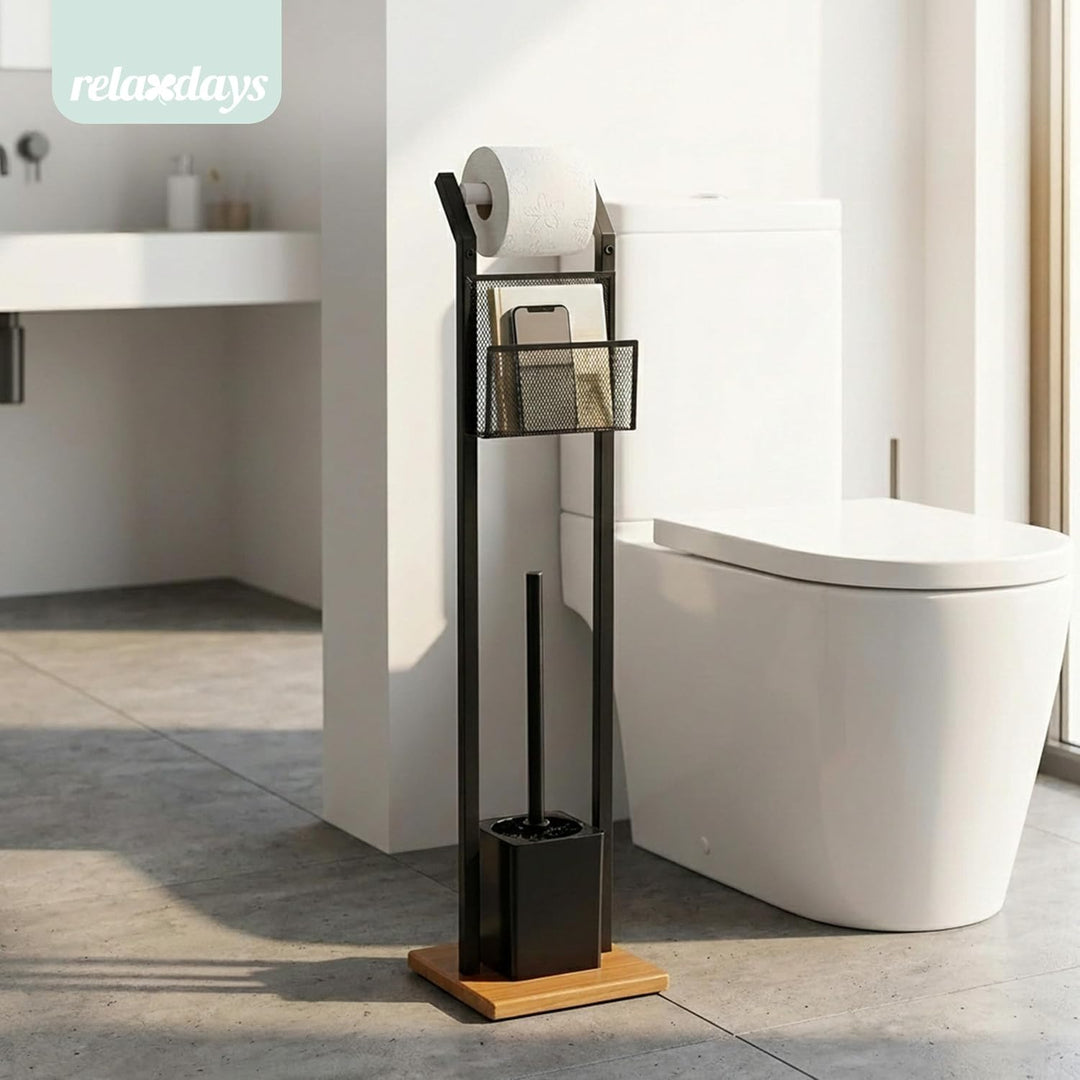 Relaxdays, schwarz Garnitur mit Ablage, Papierhalter, WC-Bürste, Bürstenhalter, quadratischer Fuss,