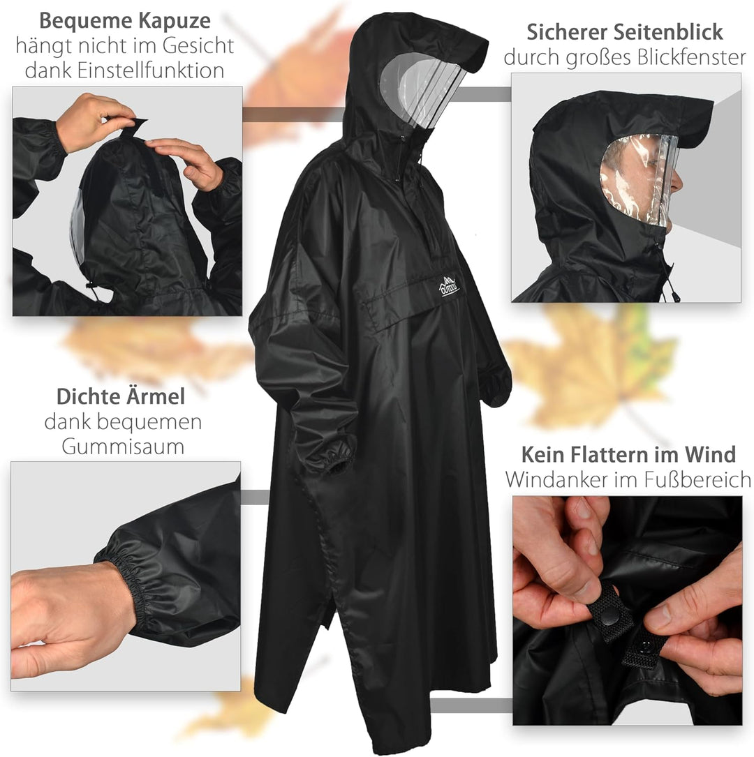 Outdoro Regenponcho mit Ärmeln - Mit Navigations-Fenster in der Brusttasche, Reissverschluss und Sic