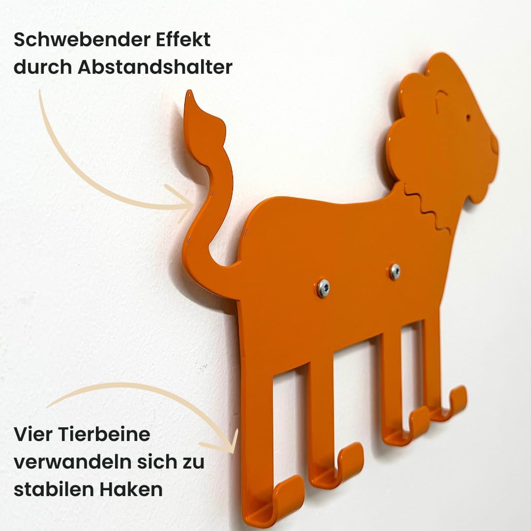 ABIMI Kindergarderobe Löwe aus pulverbeschichtetem Stahl – 4 Haken als Tierbeine – Wandgarderobe für