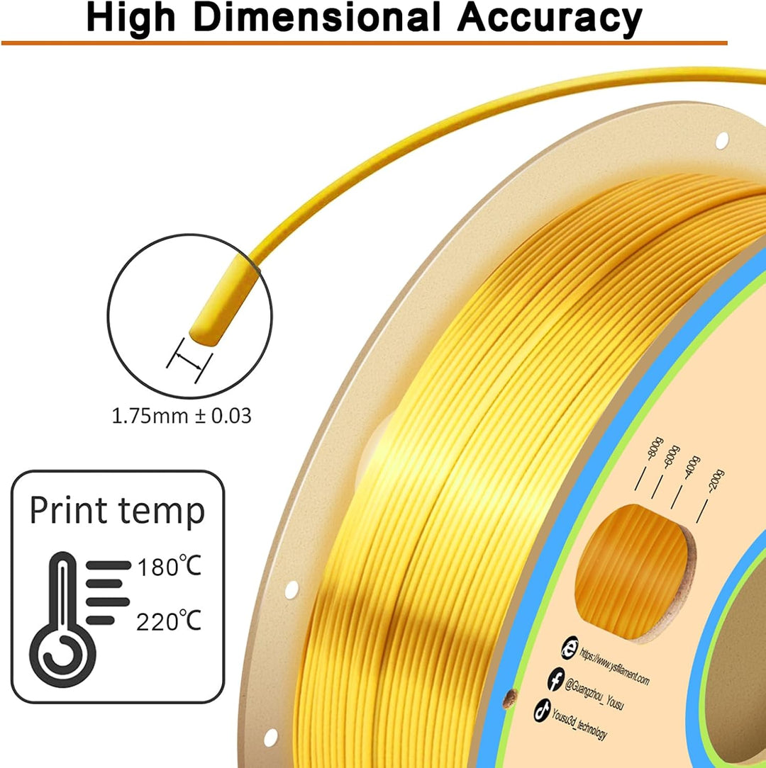 YOUSU PLA Filament 1.75, Silk PLA Gold, 3D Drucker Filament, PLA 1kg Spule, Glänzend Seide, Metallic