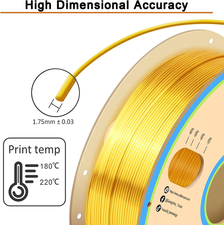 YOUSU PLA Filament 1.75, Silk PLA Gold, 3D Drucker Filament, PLA 1kg Spule, Glänzend Seide, Metallic