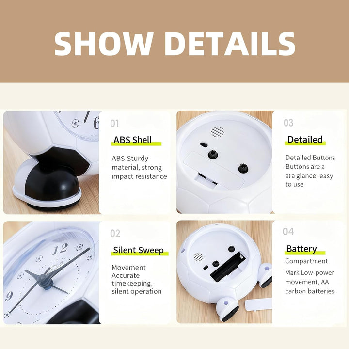 Kinder Wecker für Jungen Mädchen, Lernuhr Kinder, Wecker batteriebetrieben, Leiser Kinder-Fussballwe