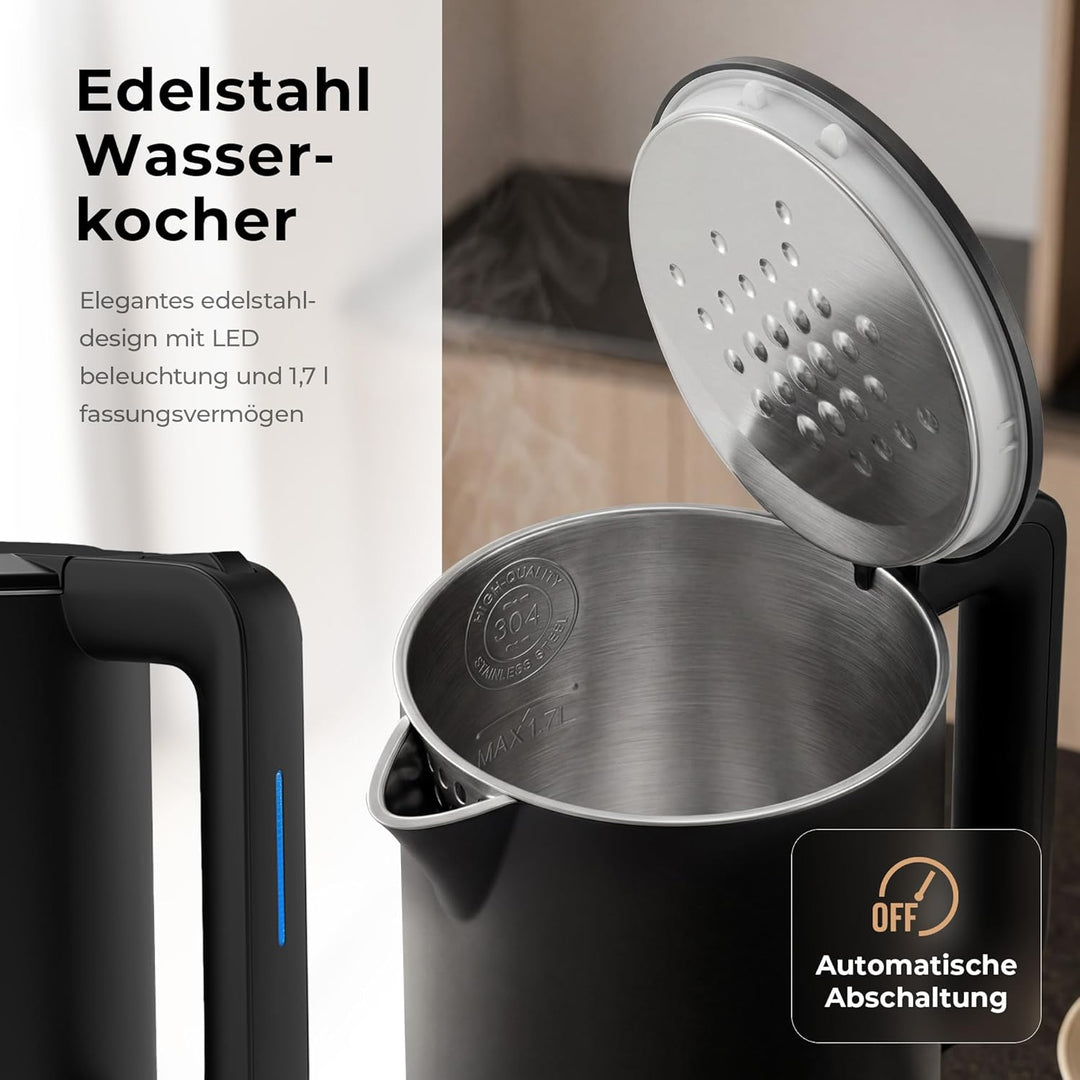 Balter Wasserkocher Edelstahl WK-4, 1,7 Liter, elektrischer Wasserkocher, Doppelwand Design, BPA fre