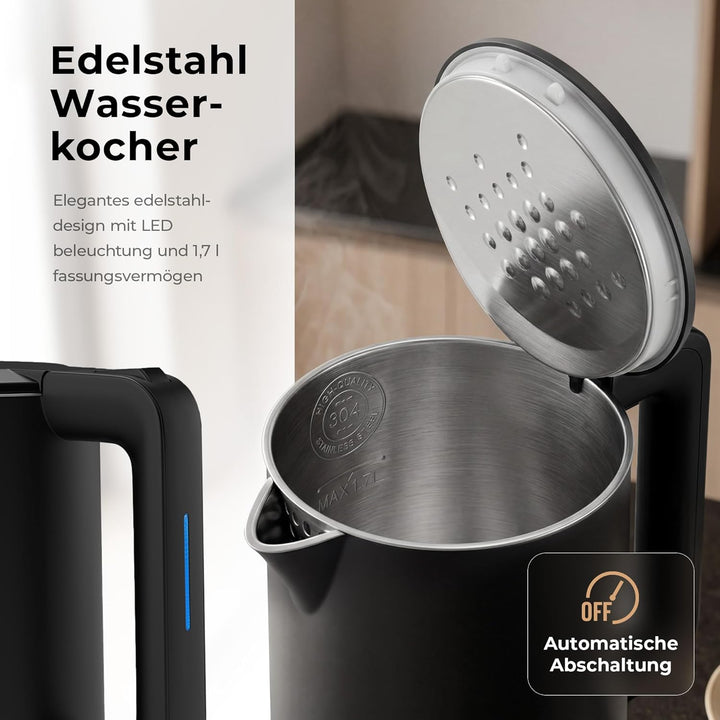 Balter Wasserkocher Edelstahl WK-4, 1,7 Liter, elektrischer Wasserkocher, Doppelwand Design, BPA fre